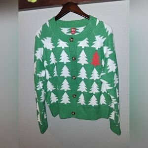 December 25th Christmas Tree Green White Red Cardigan L
